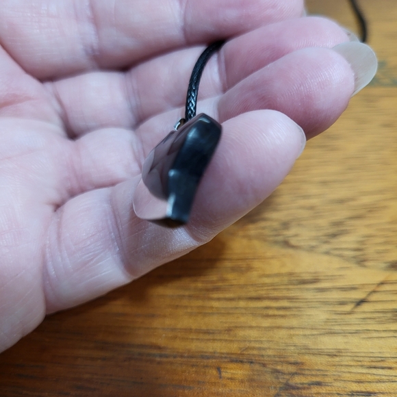 Vintage Carved Smokey Black with Applied Inlayed Silver Tone Metal Heart Pendant - Picture 8 of 16